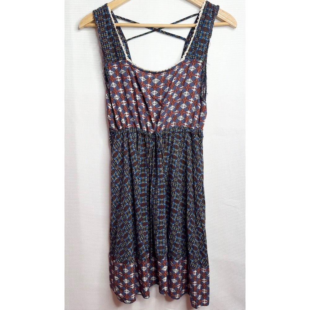 Umgee USA Blue Rust Geometric Floral Mixed Print Crisscross Back Mini Dress M